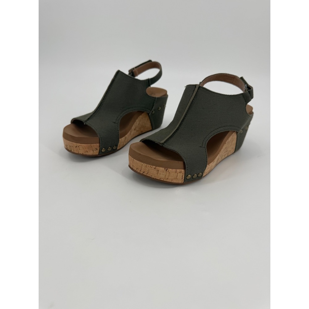 Corkys Carley Olive Green Canvas Cork Wedge Studded Slingback Sandals Womens 7